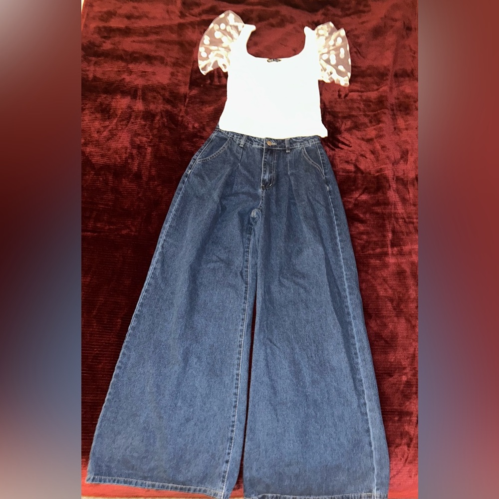 Wide Leg Jeans with Pleats. Free shirt with jeans purchase at full price!
